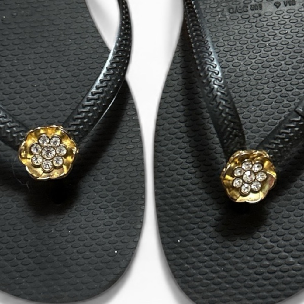 Havaianas Black and Gold Women's Flip Flops, crystal flower design - Picture 2 of 8
